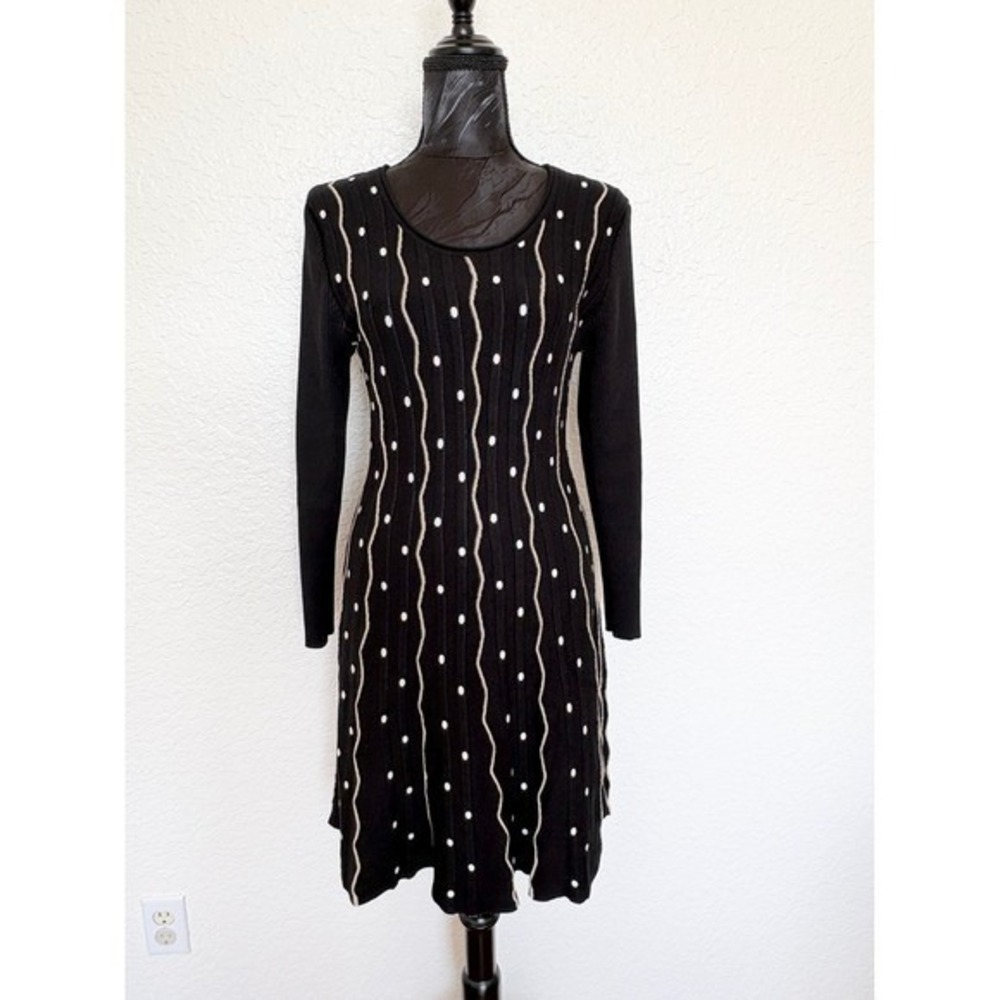 Papillon Sweater Dress Women Size M Black White Polka Dot Long Sleeve Knit‎